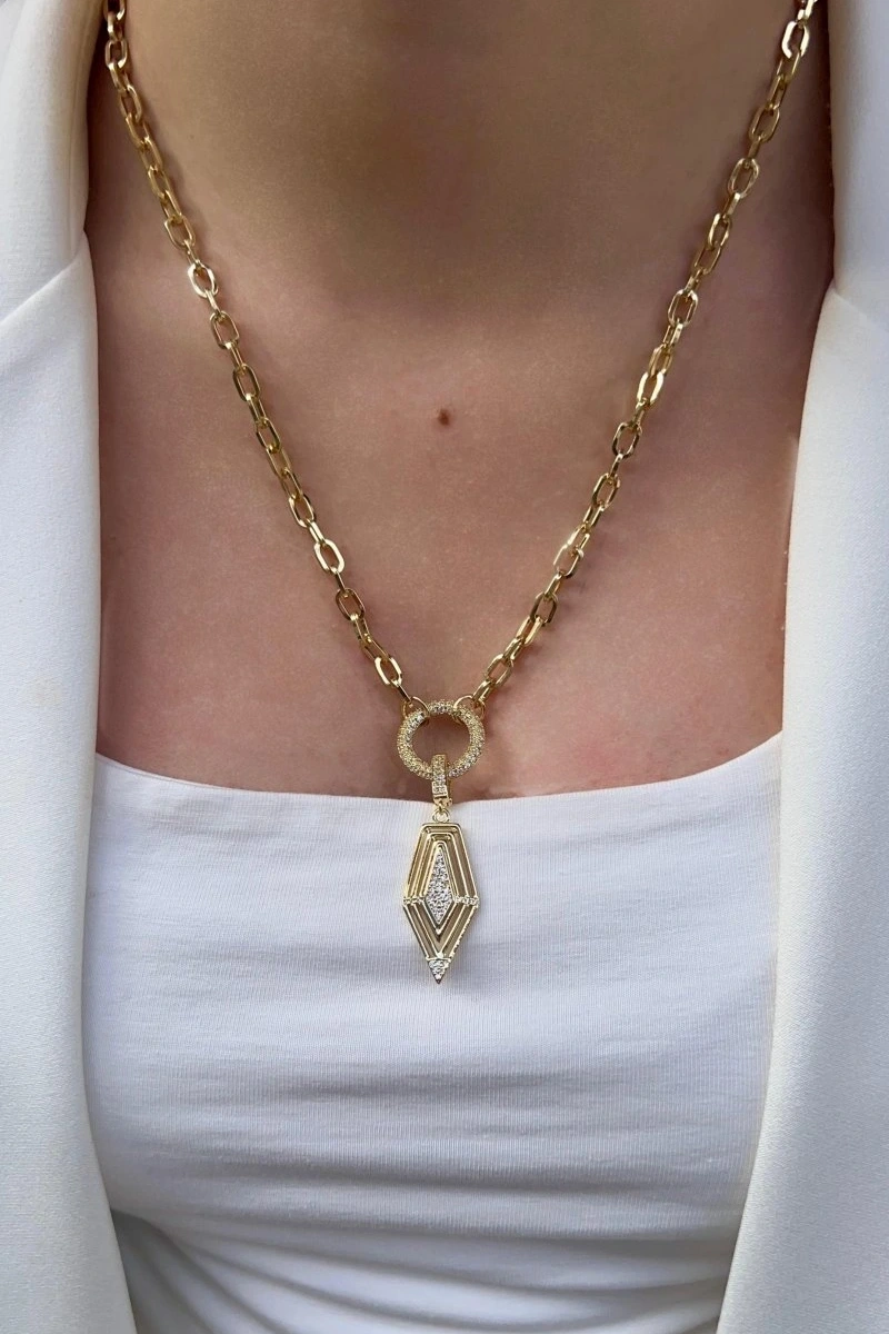 Halka Zincir Köşeli Taş Detay Gold Altın Kaplama Kolye