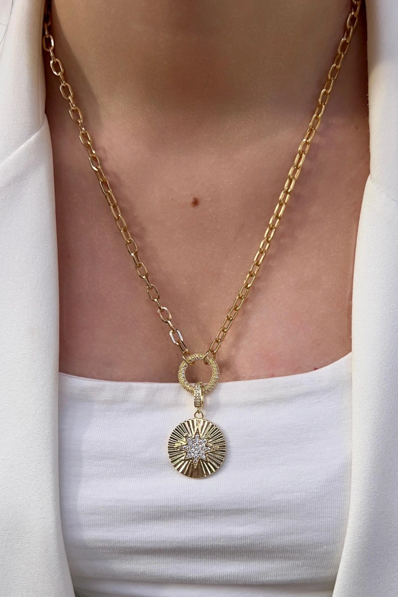 Halka Zincir Yıldız Taş Detay Gold Altın Kaplama Kolye
