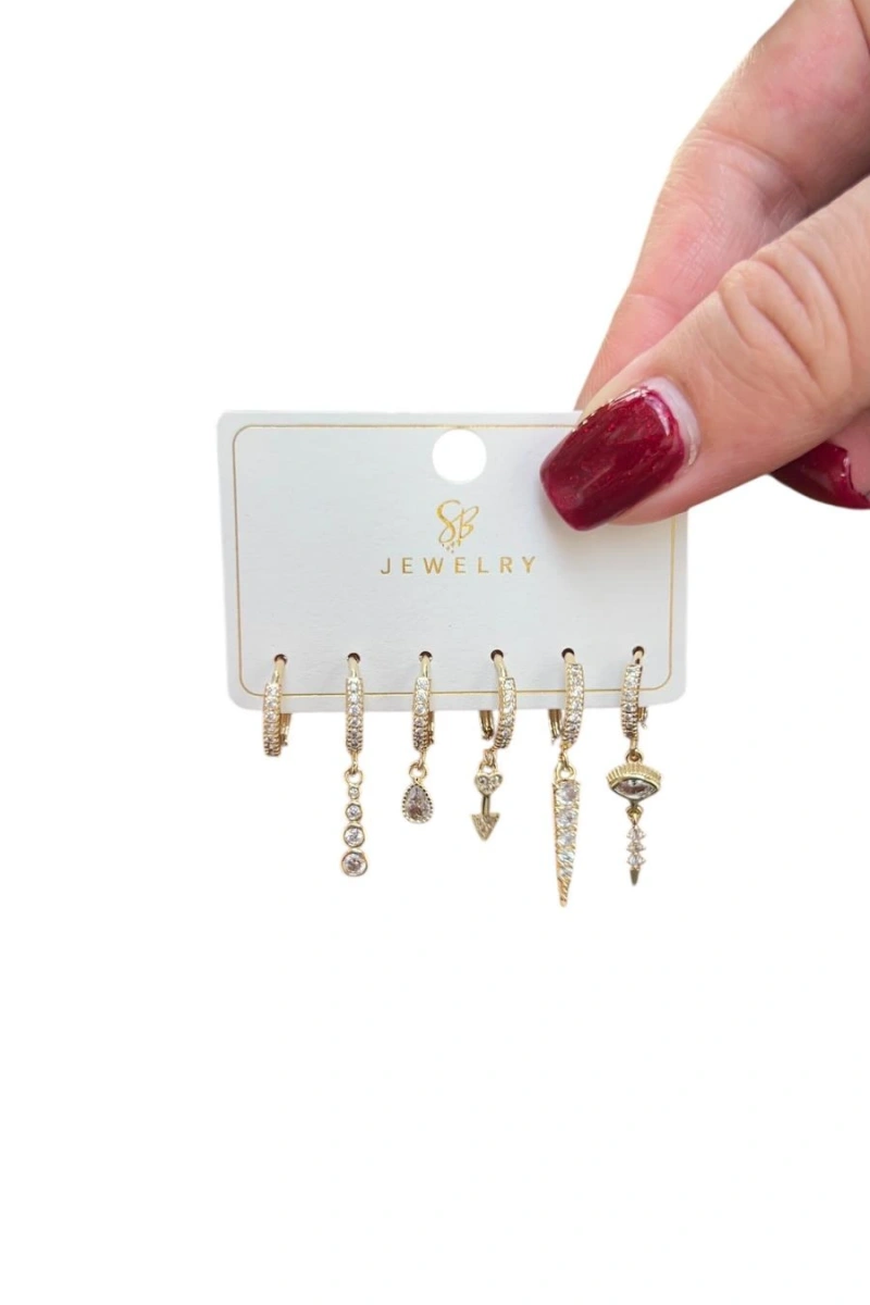 Altılı Taşlı Sarkıt Göz Model Gold Altın Kaplama Küpe