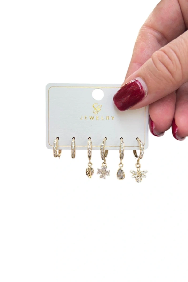 Altılı Taşlı Arı Model Gold Altın Kaplama Küpe