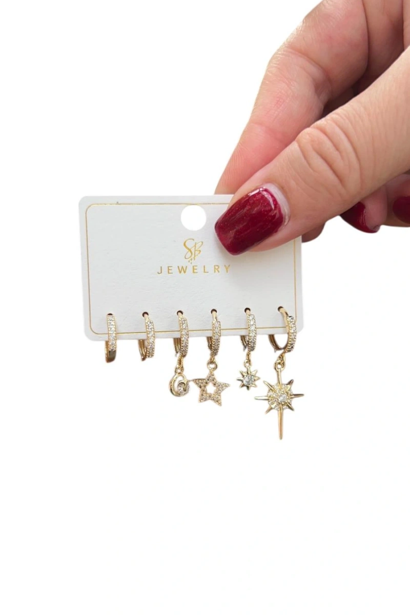 Altılı Taşlı Işıl Model Gold Altın Kaplama Küpe