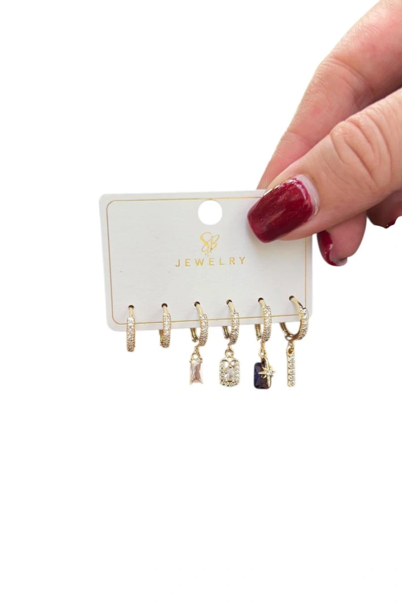 Altılı Taşlı Mor Baget Model Gold Altın Kaplama Küpe