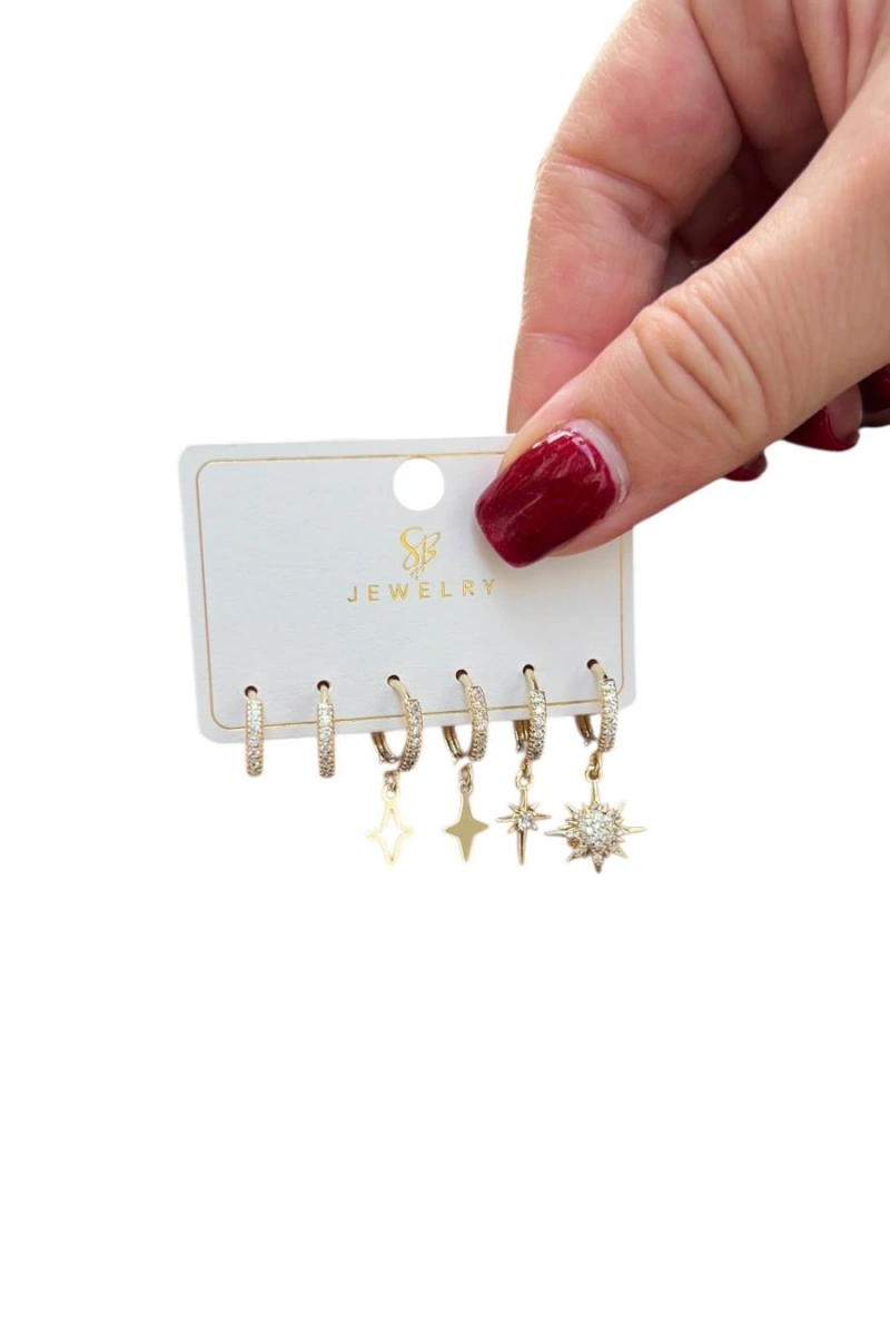 Altılı Taşlı Bombeli Yıldız  Model Gold Altın Kaplama Küpe