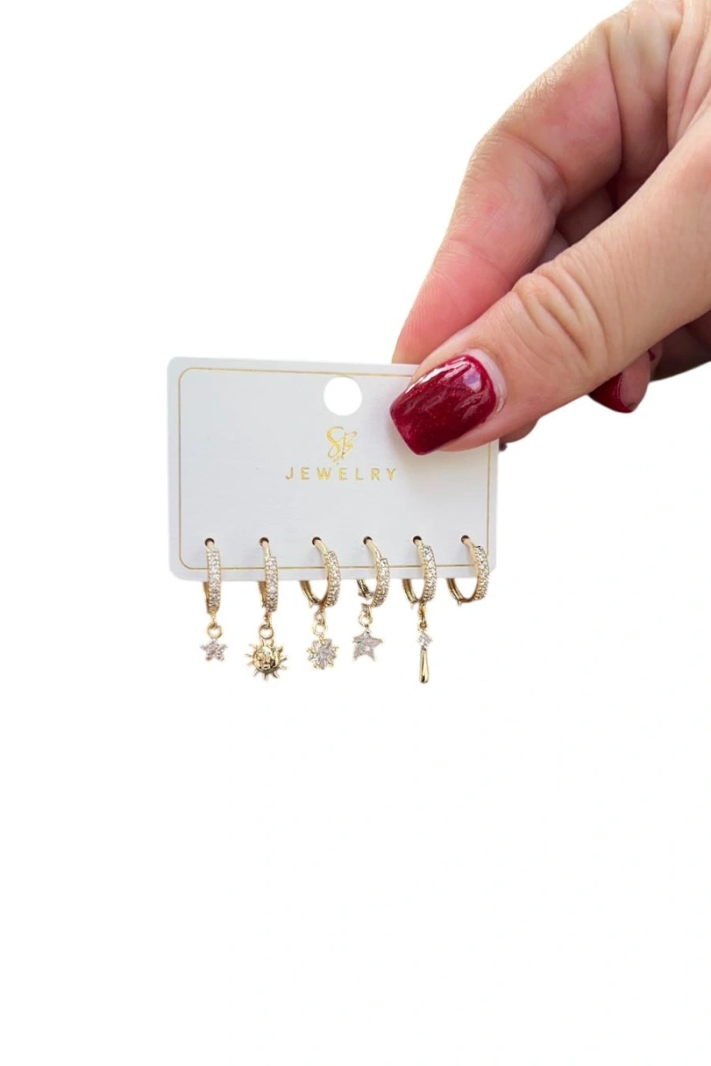 Altılı Taşlı Güneş Model Gold Altın Kaplama Küpe