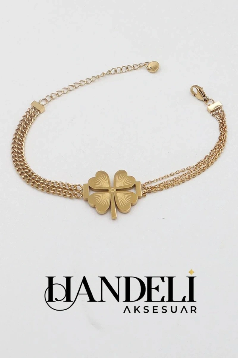 Çift Zincir Yonca Model Gold Altın Kaplama Çelik Bileklik