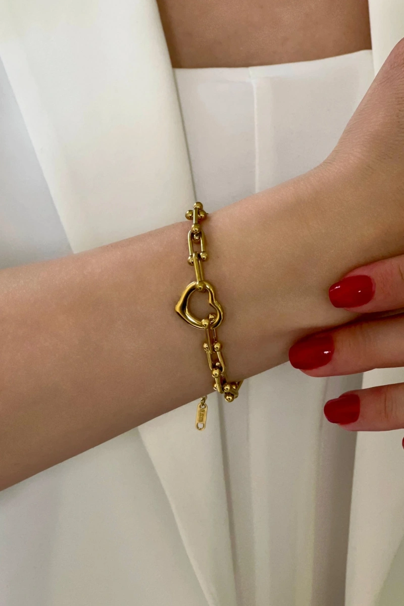 T. Zincir Kalp Detay Gold Altın Kaplama Çelik Bileklik