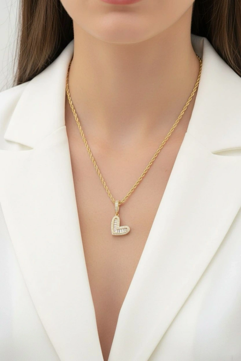 Taşlı Kalp Model Gold Altın Kaplama Kolye