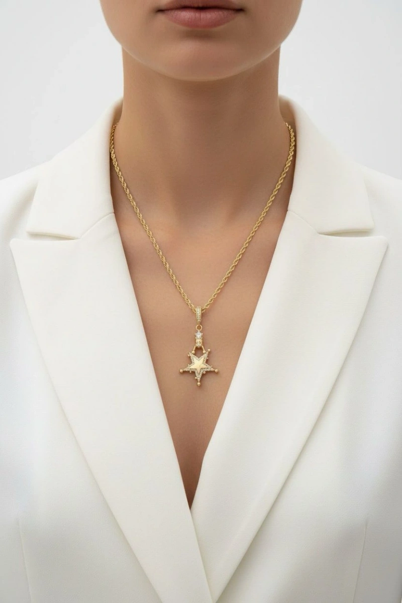 Top Detay Yıldız Model Gold Altın Kaplama Kolye