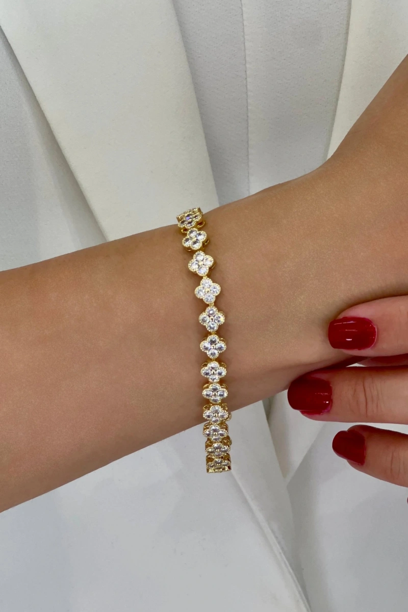 Sıra Çiçek Detay Gold Altın Kaplama Bileklik