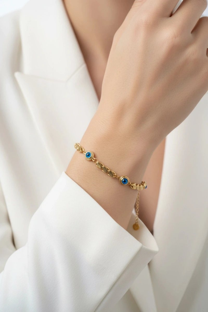 Üç Göz Arpa Zincir Gold Altın Kaplama Çelik Bileklik