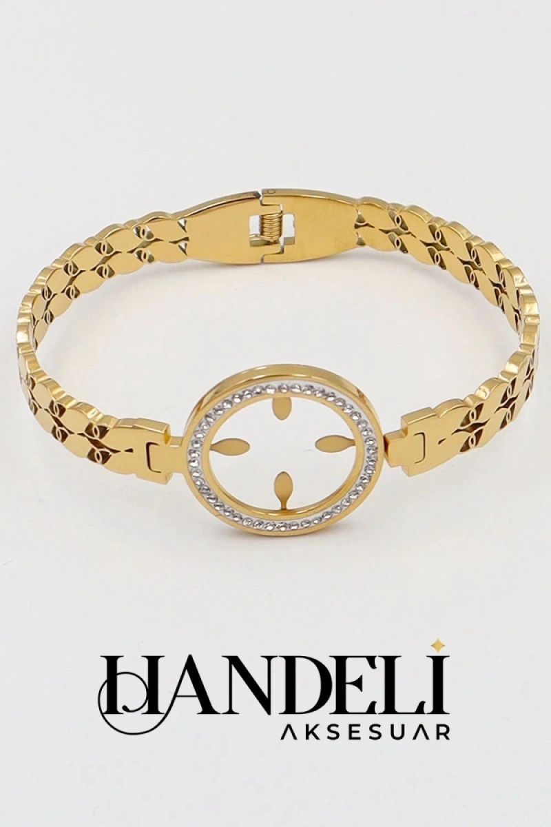 Çeyrek Takmalı Boş Gold Taşlı Kelepçe Altın Kaplama Bileklik