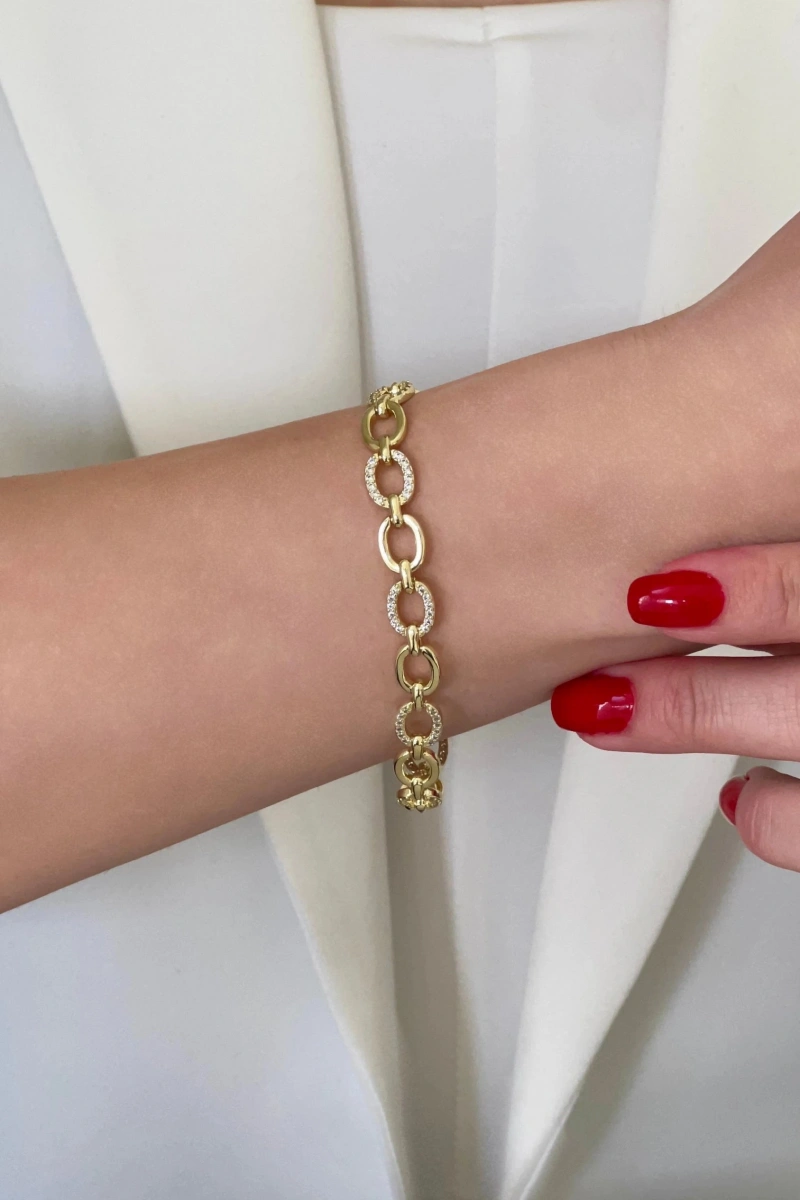 Düz Zincir Model Taş Detay Gold Altın Kaplama Bileklik