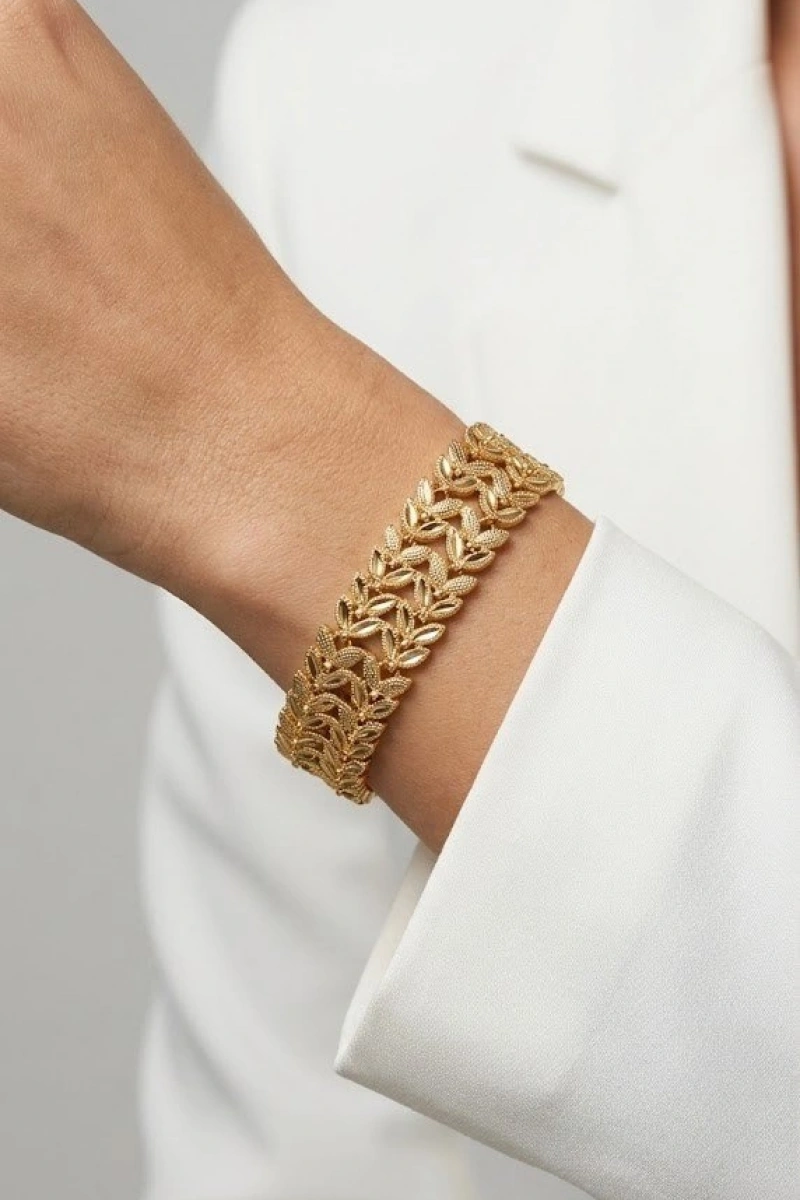 Çift Sıra Yaprak Detay Gold Altın Kaplama Kuyum Bileklik