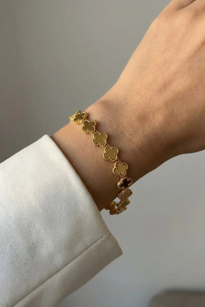 Sıralı Düz Yonca Detay Gold Altın Kaplama Kuyum Bileklik