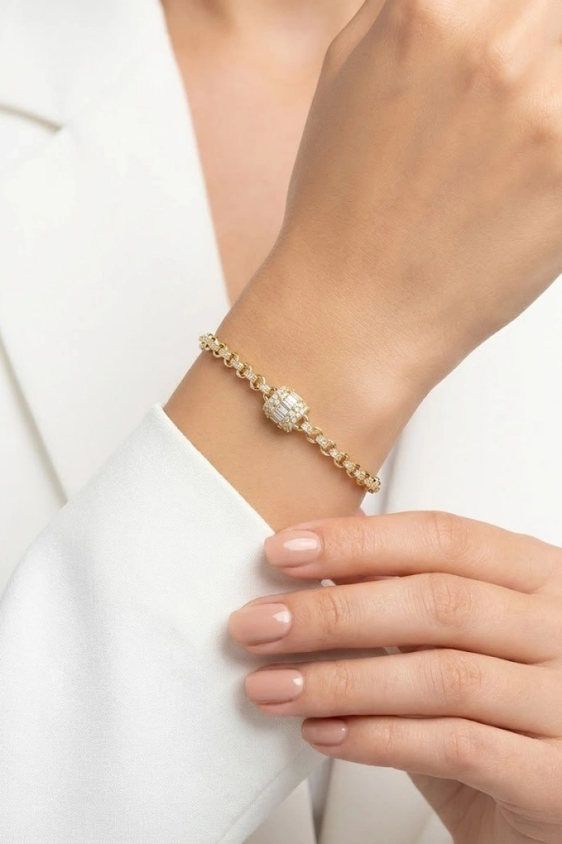 Halka Zincir Silindir Baget Model Gold Altın Kaplama Bileklik