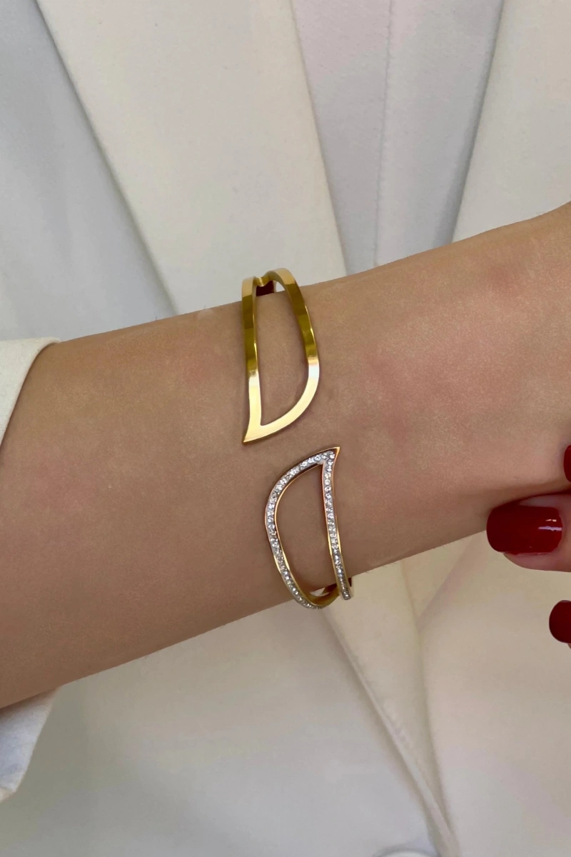 Kesik Yaprak Taş Detay Gold Altın Kaplama Bileklik