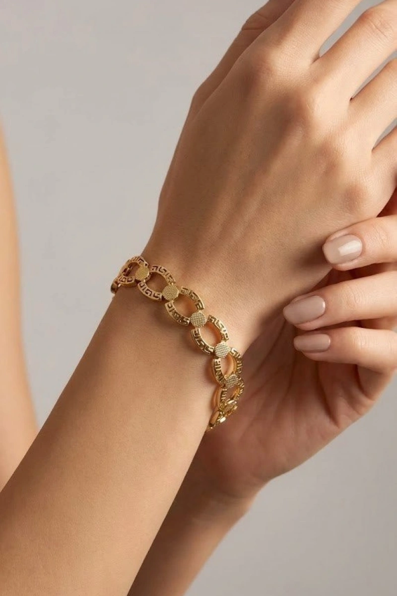 Labirent Detay Halka Desen Gold Altın Kaplama Bileklik