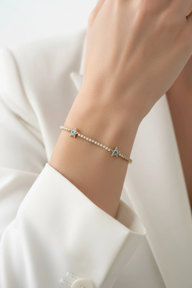 Su Yolu Model Mavi Taşlı Yıldız Detay Gold Altın Kaplama Bileklik