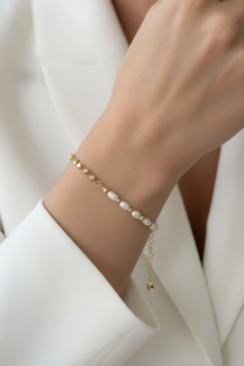 Çift Zincir İnci Detay Model Gold Altın Kaplama Bileklik