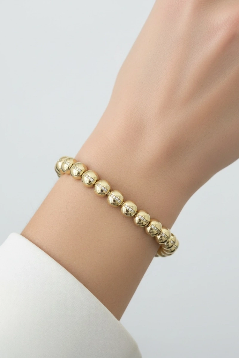 Kesik Silindir Model Taş Detay Gold Altın Kaplama Bileklik