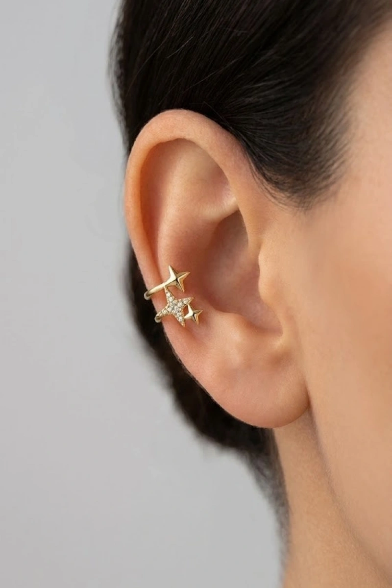 Taşlı Yıldız Detay Gold Altın Kaplama Ear Cuff
