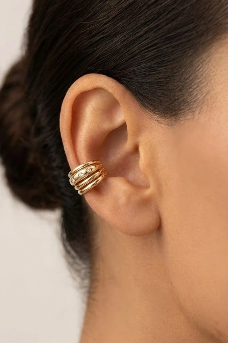 Dört Sıra Taş Detay Gold Altın Kaplama Ear Cuff