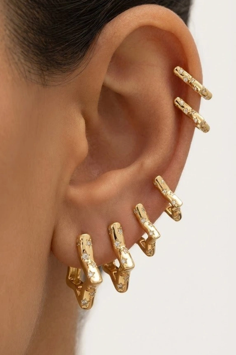 Altılı Yıldız Taş Detay Yıldız Model Gold Altın Kaplama Çoklu Küpe