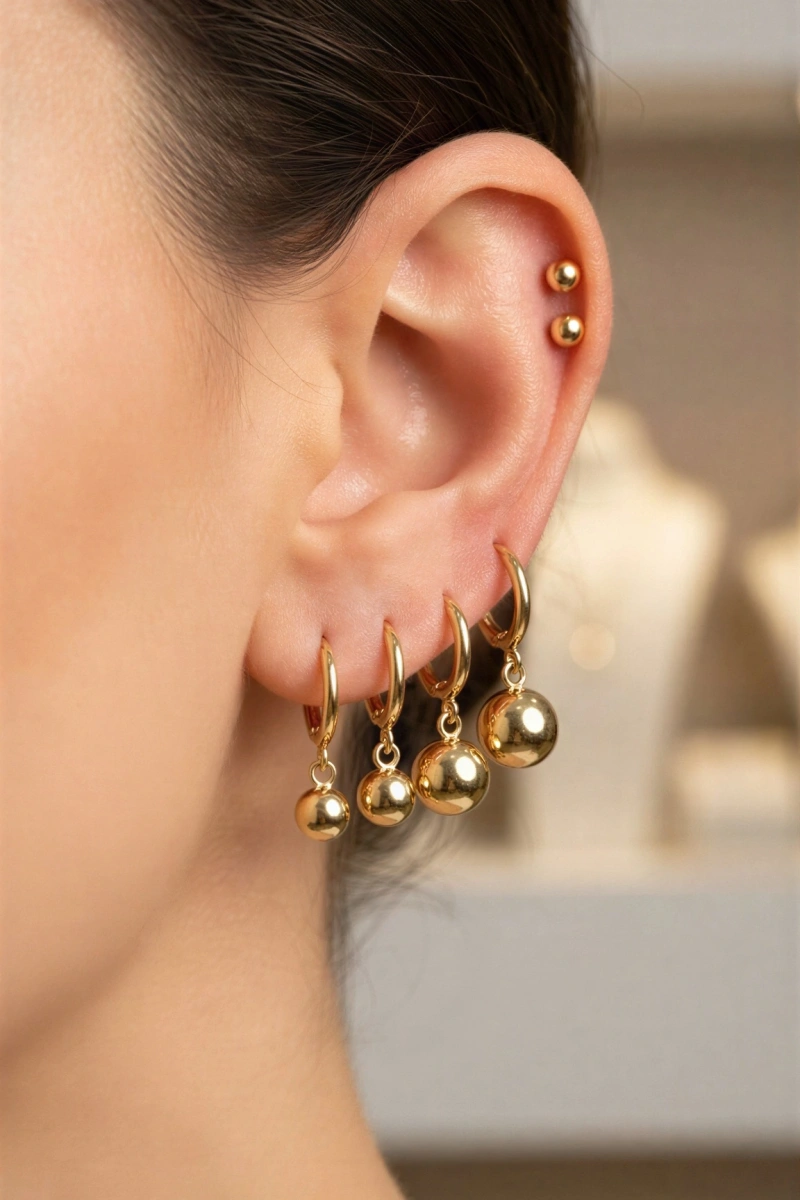 Altılı Dorika Model Gold Altın Kaplama Çoklu Küpe