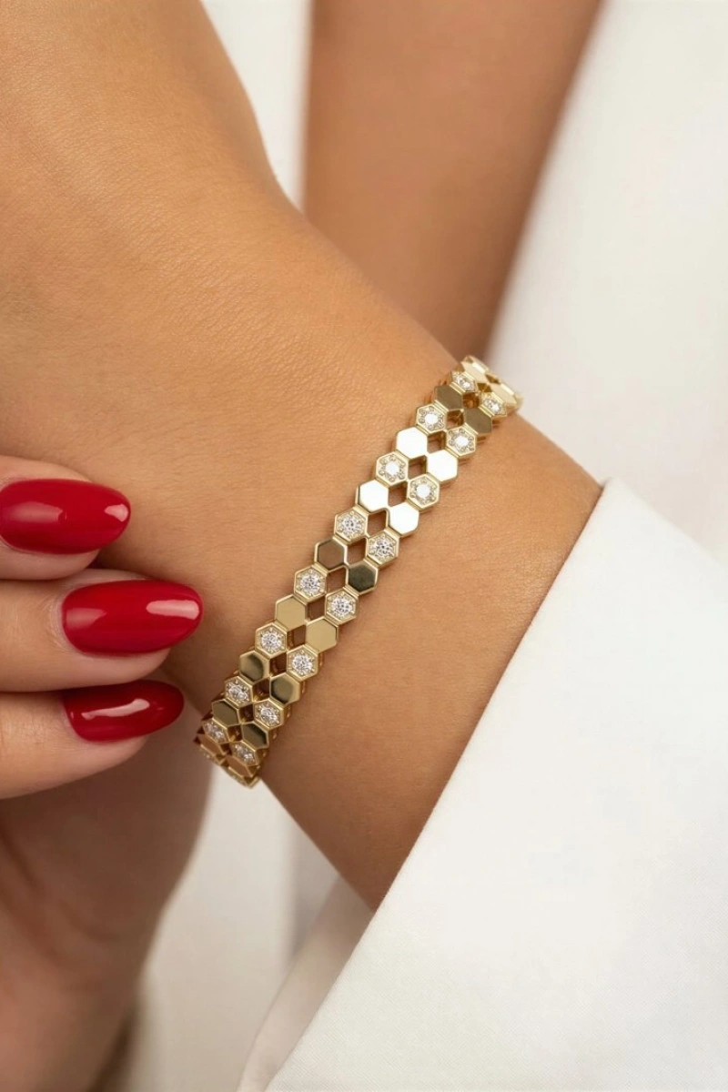 Çift Sıra Petek Model Taş Detay Gold Altın Kaplama Bileklik