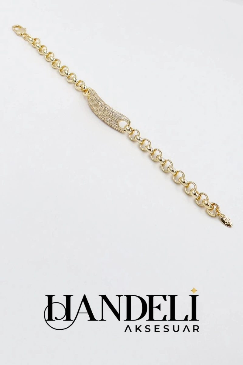 Düz Zincir Taşlı Plaka Detay Gold Altın Kaplama Bileklik