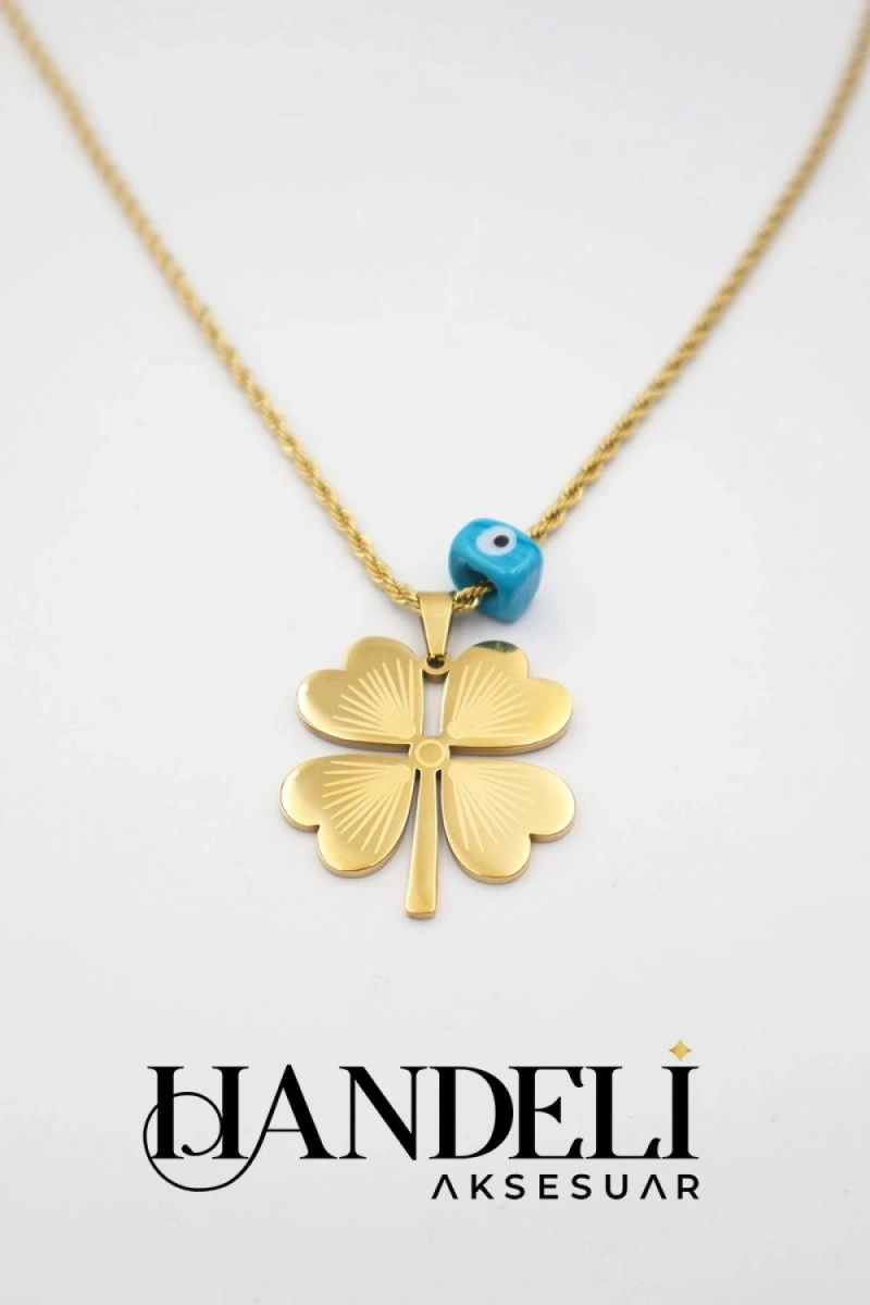 - İSİMLİ - Uzun Zincir Cam Boncuklu Orta Yonca Detay Gold Altın Kaplama Kolye