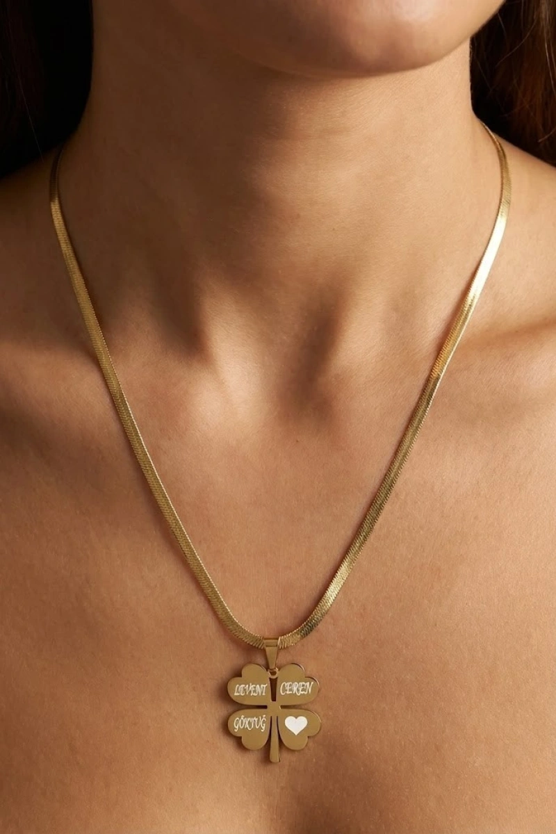 - İSİMLİ - Uzun Zincir İtalyan Yonca Detay Gold Altın Kaplama Kolye