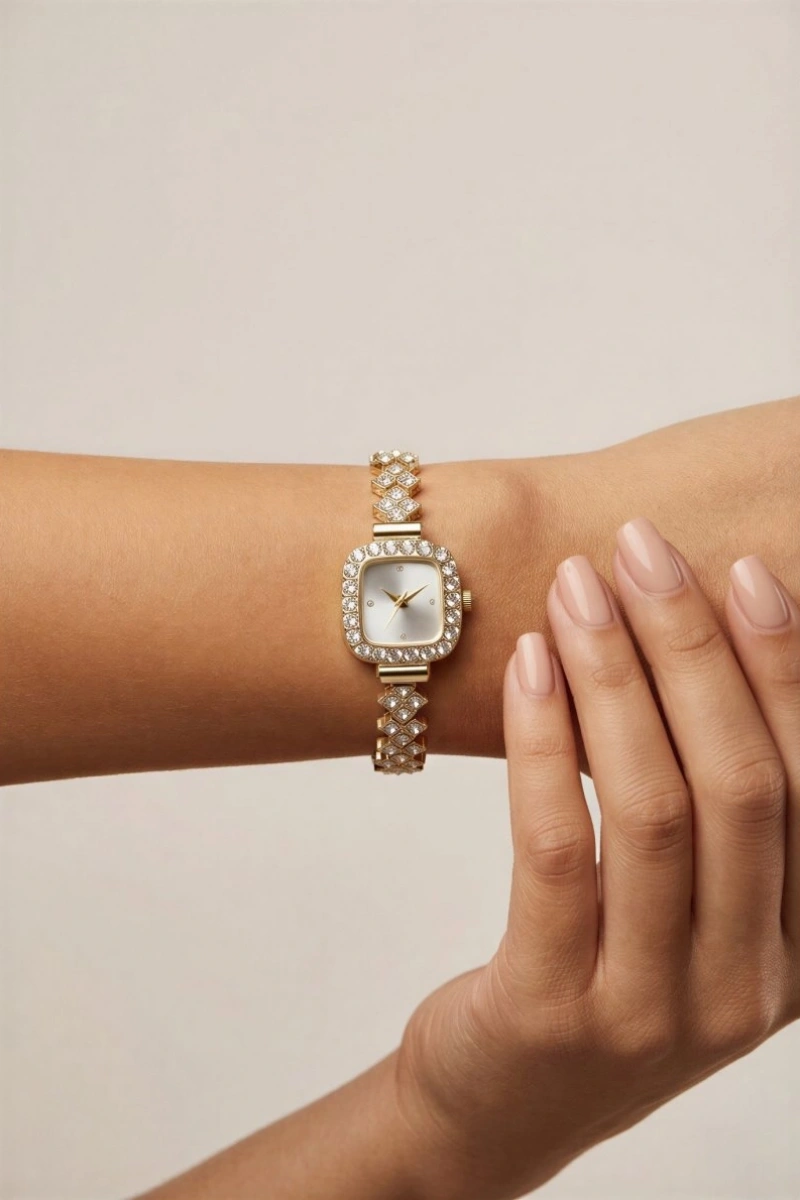 Yoncalı Taş Kordon Detay Gold Metal Kadın Kol Saati