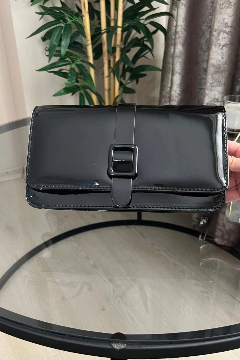 Paris Model Parlak Siyah Deri Kol Çantası