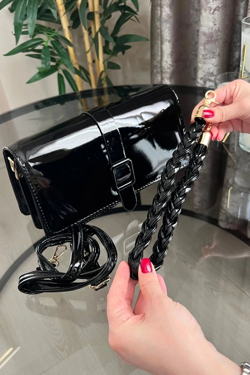 Paris Model Parlak Siyah Deri Kol Çantası