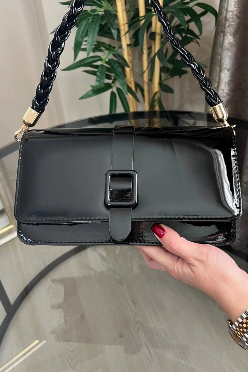 Paris Model Parlak Siyah Deri Kol Çantası