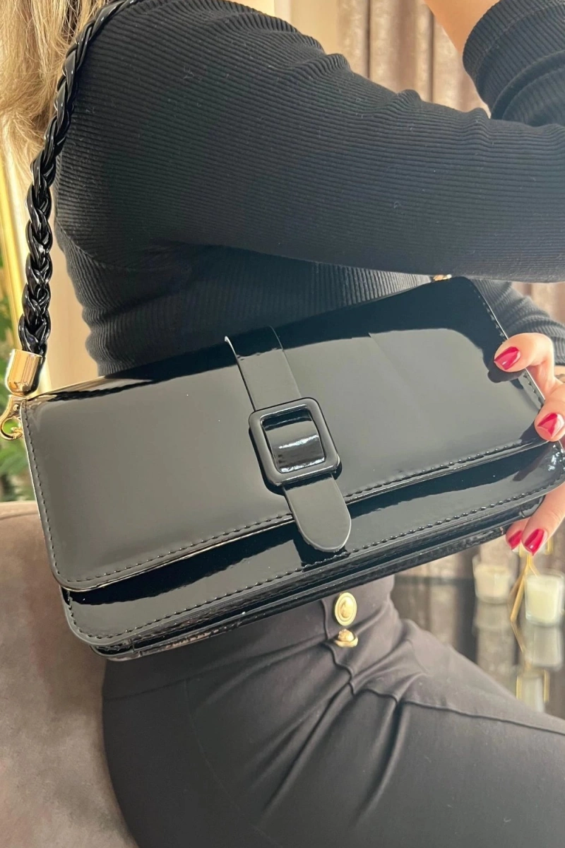 Paris Model Parlak Siyah Deri Kol Çantası