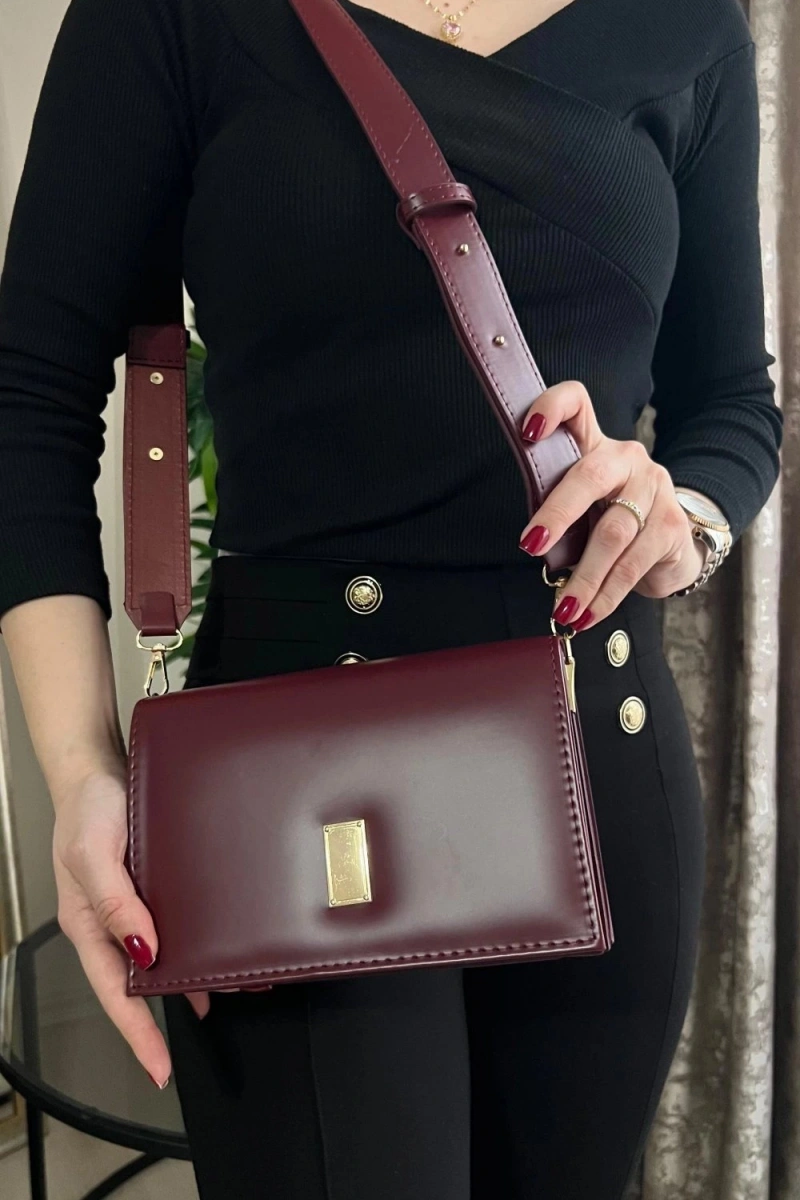 Karmin Model Bordo Renk Deri Kol Çantası