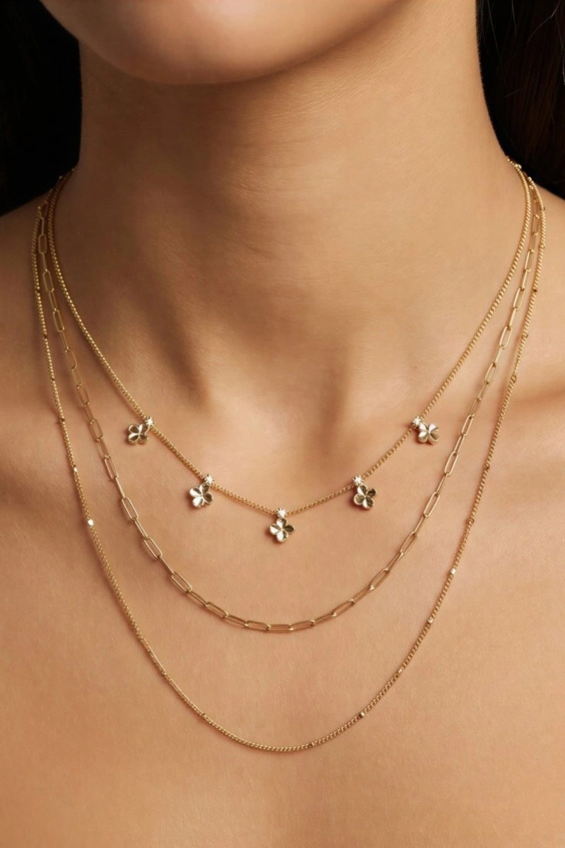 Beşli Yonca Model Gold Altın Kaplama Üçlü Kolye