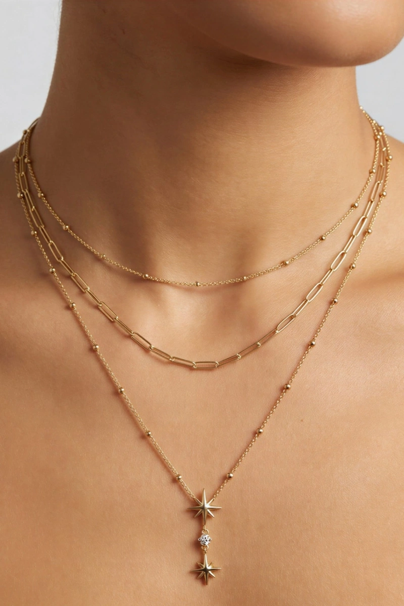 Sarkıt Yıldız Model Gold Altın Kaplama Üçlü Kolye