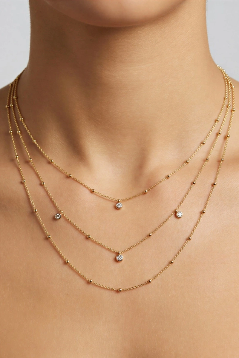 Üç Taş Model Gold Altın Kaplama Üçlü Kolye