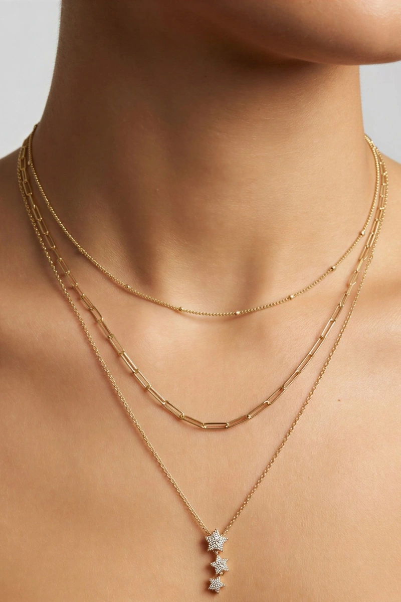 Sarkıt Üçlü Yıldız Model Gold Altın Kaplama Üçlü Kolye