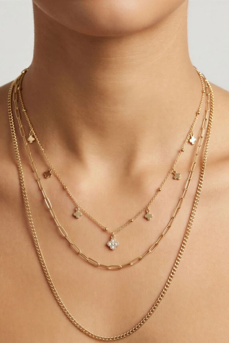 Taşlı Yonca Model Gold Altın Kaplama Üçlü Kolye