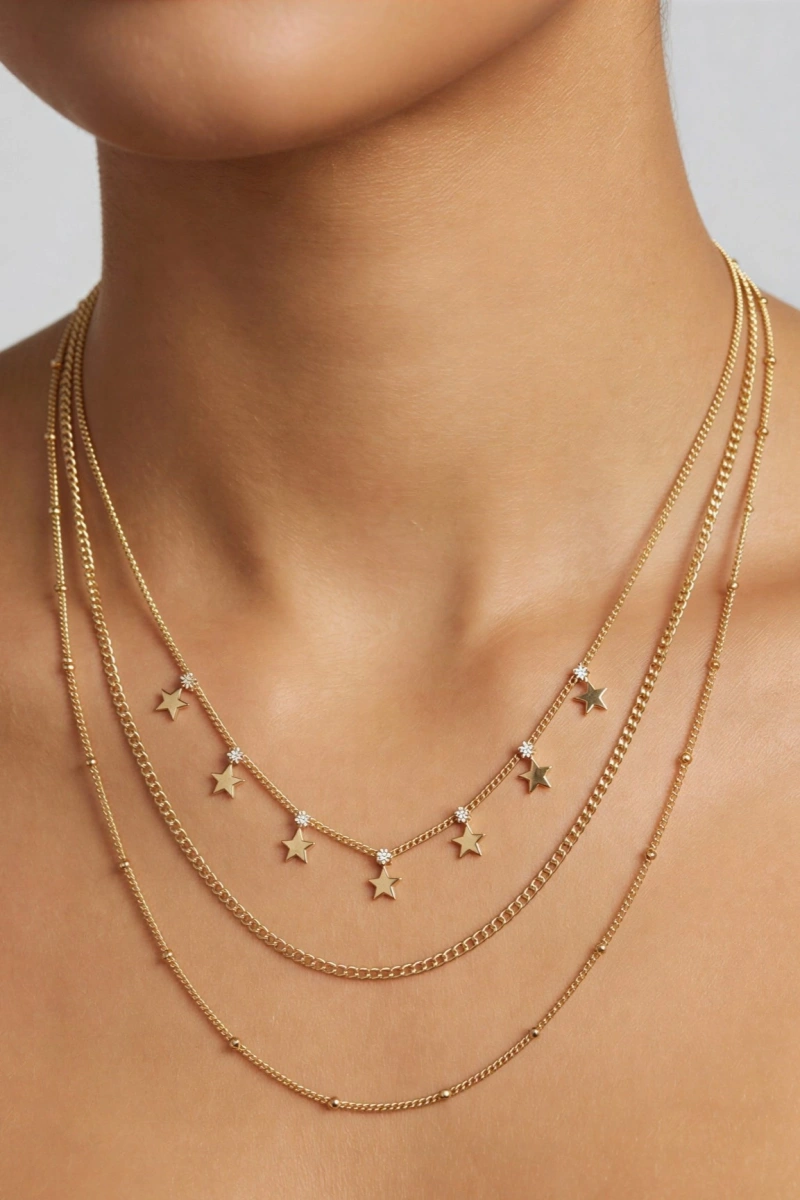 Sıralı Düz Damla Model Gold Altın Kaplama Üçlü Kolye