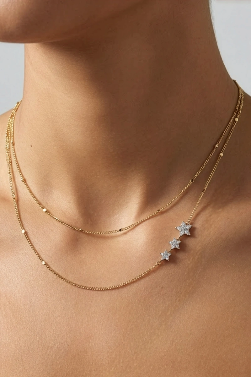 Çiftli Üç Yıldız Model Gold Altın Kaplama İkili Kolye