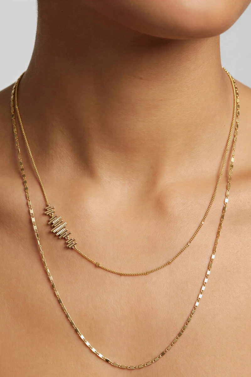 Taşlı Sütun Model Gold Altın Kaplama İkili Kolye