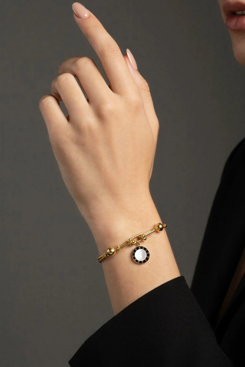 Top Detay Nal Model Sedef Halka Gold Altın Kaplama Bileklik