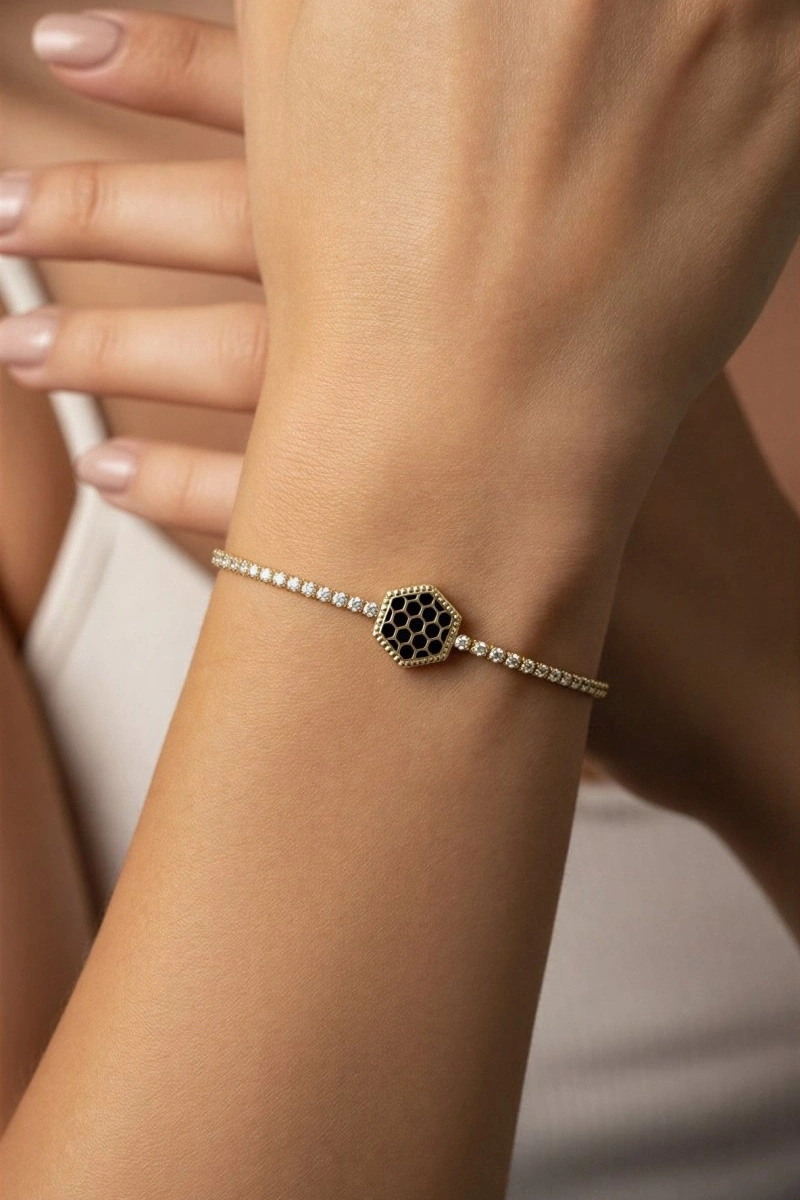 Su Yolu Model Altıgen Detay Gold Altın Kaplama Bileklik