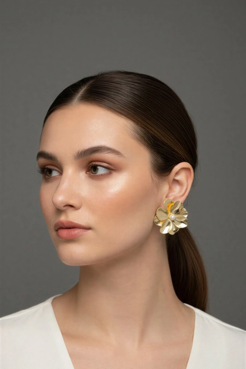 Çiçek Model İnci Detay Gold Altın Kaplama Küpe