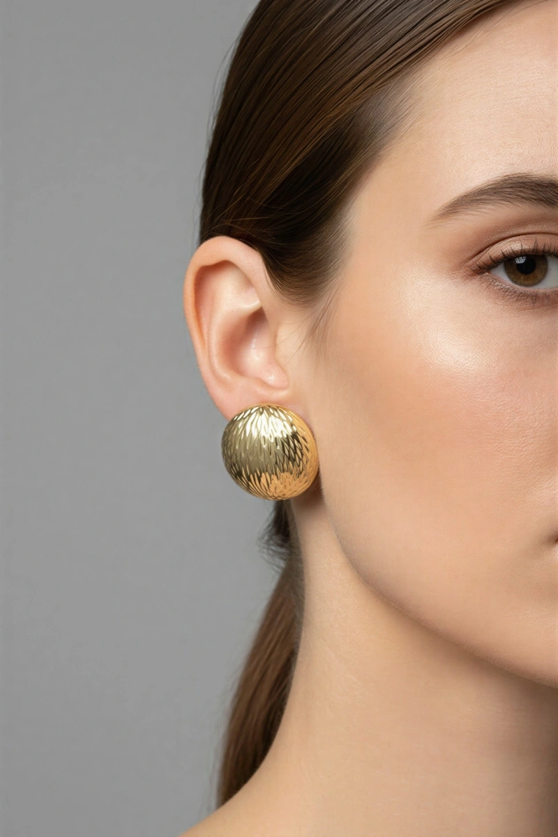 Desenli Yarım Küre Model Gold Altın Kaplama Küpe